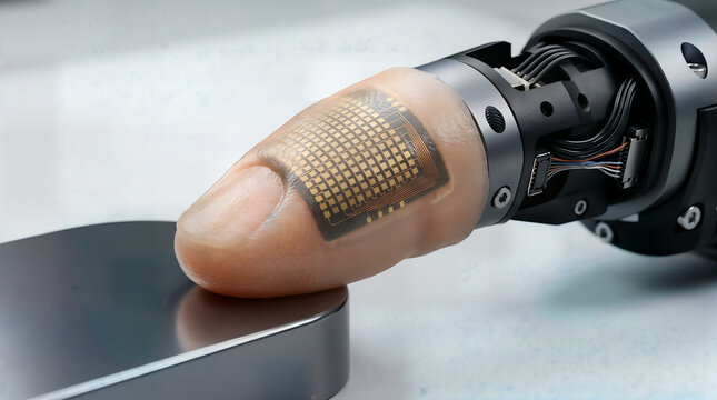 Robotic finger with advanced electronic sensor touching a metallic surface