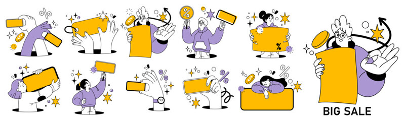 Fototapeta premium Shopper characters holding blank sale templates for discount messages and promotional headline, retail campaigns and shopping event. Vector marketplace announcement and commercial presentation