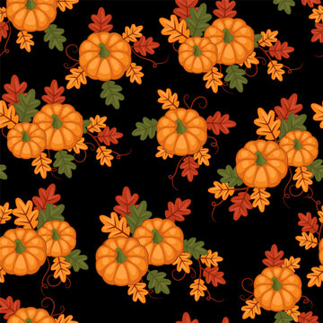 Dark Halloween & Autumn Seamless Pumpkin Pattern Vector on Black Background