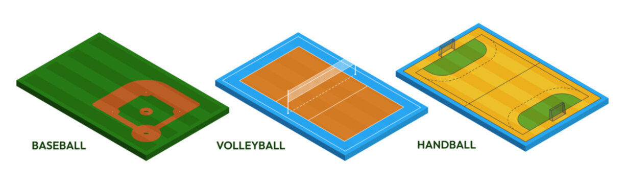 Isometric match fields. Baseball, volleyball and handball arenas with accurate layouts and markings. Vector team sports in stadium environment. Apps and educational material elements set