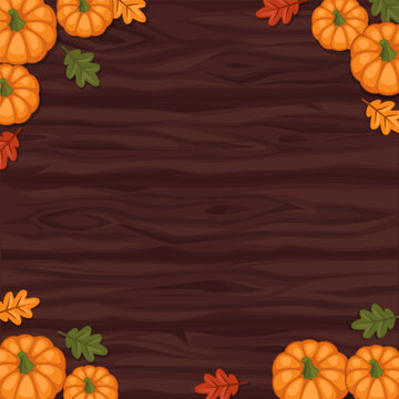 Dark Wooden Autumn Background Vector with Pumpkin Corners and Fall Leaves