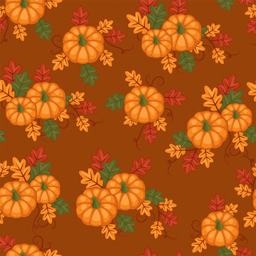 Seamless Autumn Pumpkin Pattern Vector on Terracotta Brown Background