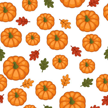 Seamless Pumpkin and Oak Leaves Pattern Vector on White Background