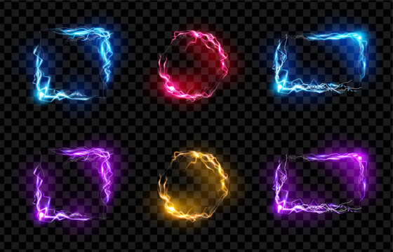 Glowing lightning borders with realistic electric plasma. Geometric frames with energy streams and illumination. Vector rectangular, square and circular shape compositions for creative projects
