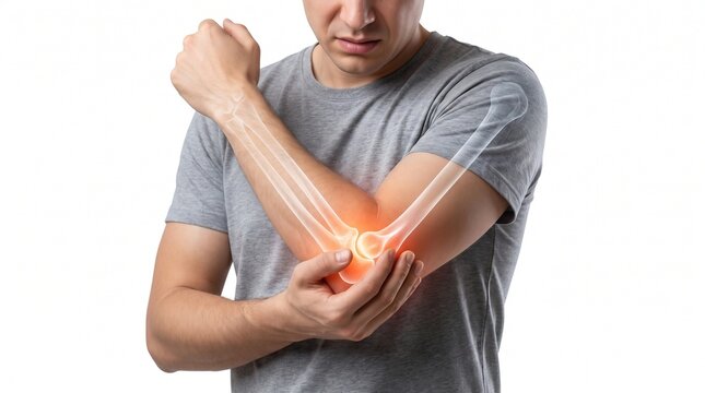 Man holding elbow in pain on white background