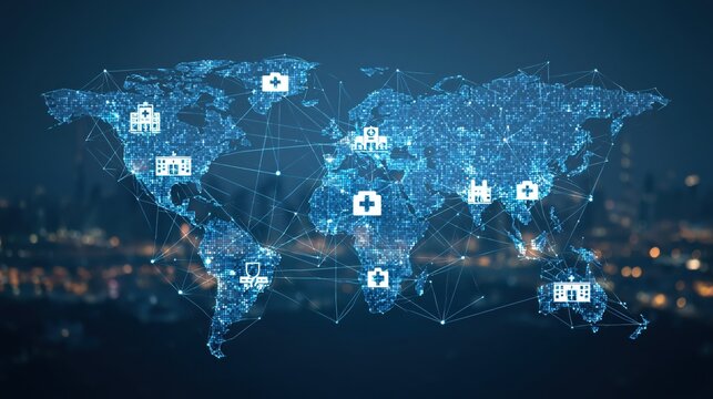 Global healthcare network with medical icons connected on a digital world map during nighttime with city lights