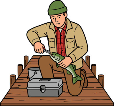 Fisherman unhooking trout on wooden dock