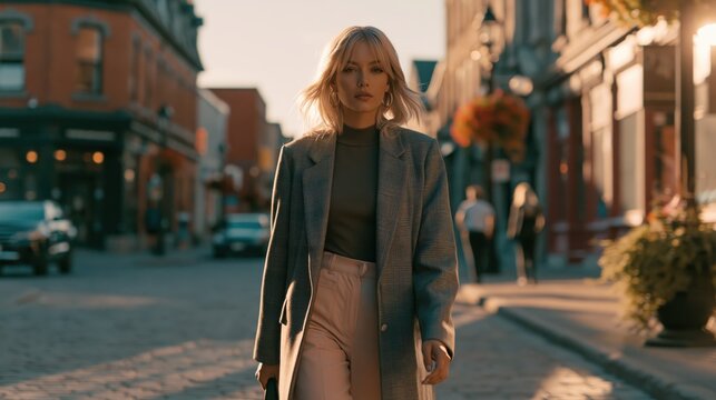 Woman walking down historic street during golden hour with soft lighting and blurred background