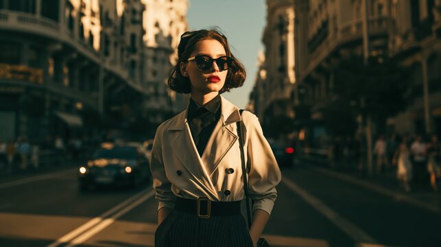 Elegant woman with sunglasses walking down a sun-drenched European city street during golden hour with a sophisticated urban concept