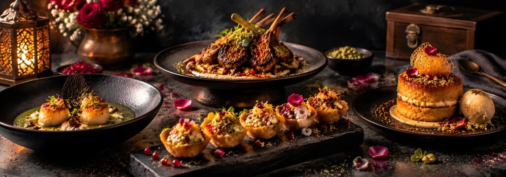 Middle Eastern gourmet feast with lamb chops and appetizers. Traditional Arabic dinner spread for Ramadan. Luxury dark food photography.