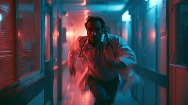 Doctor running down hospital corridor with red and blue emergency lighting and motion blur