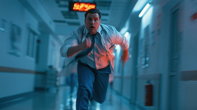 Doctor running urgently down a brightly lit hospital corridor with motion blur during an emergency