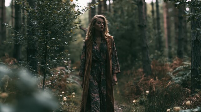 Woman walking through a mystical forest during golden hour with soft bokeh background and ethereal atmosphere