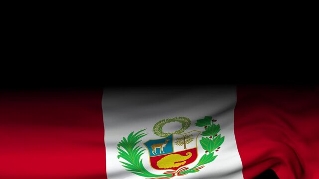 Flag of Peru with coat of arms waves gently across the lower frame on a black background.
