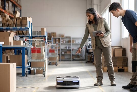 People supervising an autonomous mobile robot improving warehouse automation and supply chain management