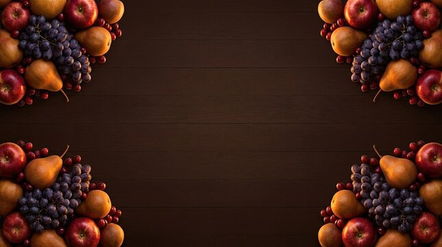 Fresh autumn fruits arranged in four corners on a dark wooden background