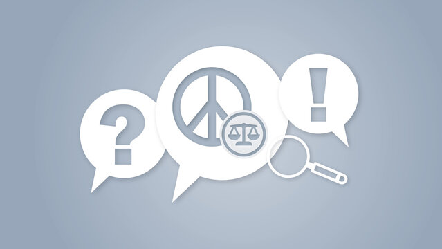 Concept illustration featuring speech bubbles with a peace symbol, scales of justice, a question mark, an exclamation point, and a magnifying glass, symbolizing discussion and law.