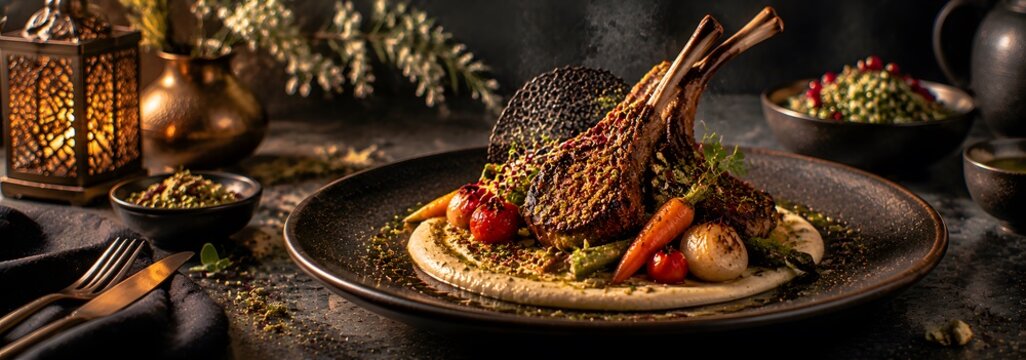 Gourmet roasted lamb chops with vegetables, elegant fine dining meat dish, rustic middle eastern cuisine with warm lantern lighting