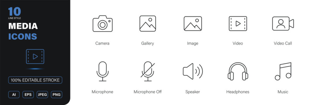media icon line style multimedia camera video audio editable stroke vector set