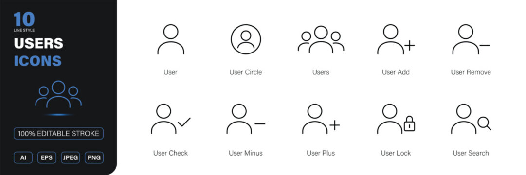 users icon line style profile account social interface editable stroke vector set