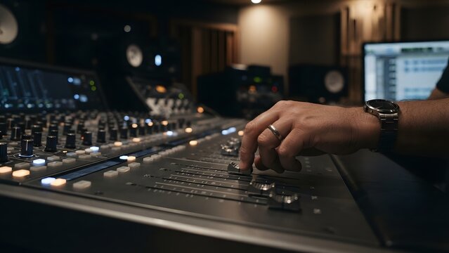 Close-up of a hand adjusting sliders on a professional audio mixing console in a dimly lit recording studio