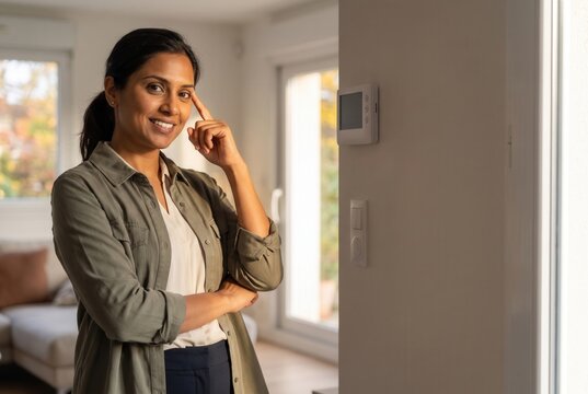 Smiling woman standing near a thermostat, controlling her smart home system