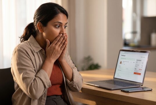 Woman feeling shocked and worried looking at high online shopping total