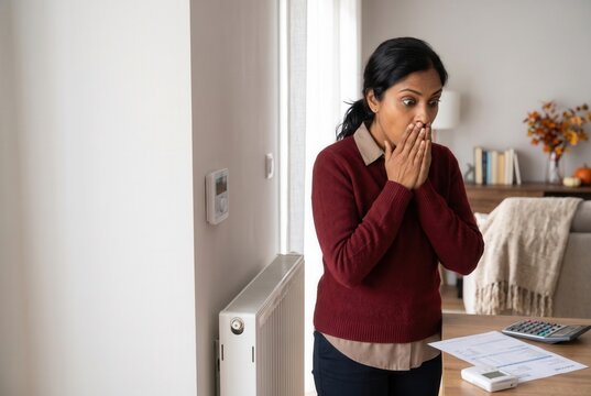 Woman feeling stressed about the expensive utility bill and home heating costs