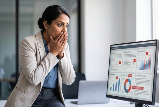 Businesswoman looking shocked seeing an ai-generated report with data errors and inconsistencies on a computer screen