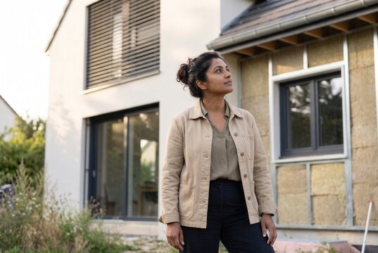 Woman standing outside her house during renovation, looking at the installed insulation