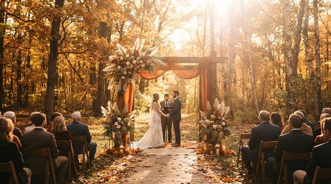 Romantic outdoor autumn wedding ceremony in a forest with golden fall foliage and floral arch