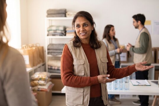 Woman volunteer welcoming a person at community charity center distributing donations