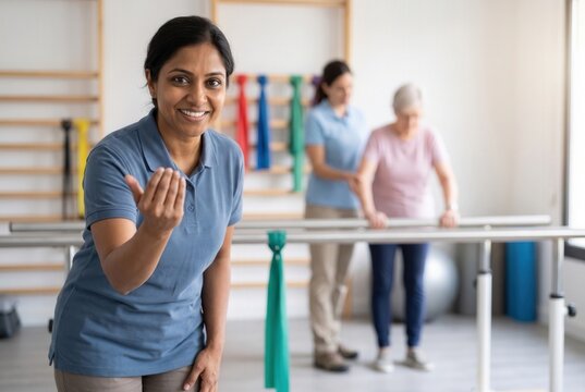 Smiling physiotherapist beckoning while patient walking with assistant on parallel bars