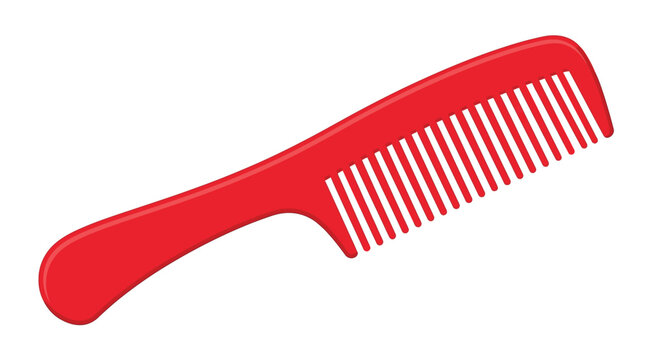 Bright red plastic hair comb isolated on white background showing smooth texture and simple design style