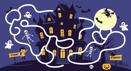 Naklejka premium Flat vector illustration of charming Halloween elements including cute ghosts, orange pumpkins, black bats, and spooky haunted house icons on a plain white background for festive design.
