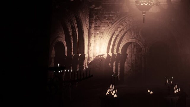 Soft light from candles illuminates the stone walls of an old structure. Shadows create a mysterious atmosphere in the quiet space. The scene shows arches and flickering candle flames.