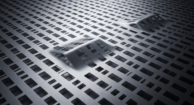 Industrial metallic grating sheet features a unique perforated pattern with raised modular elements creating an intriguing textured surface under dramatic lighting conditions inside the factory