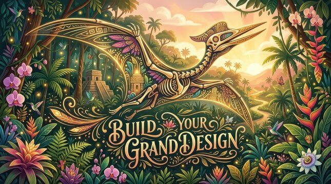 Intricate Pterodactyl Skeleton in Lush Jungle Landscape with Mayan Ruins and Inspirational Text "Build Your Grand Design"