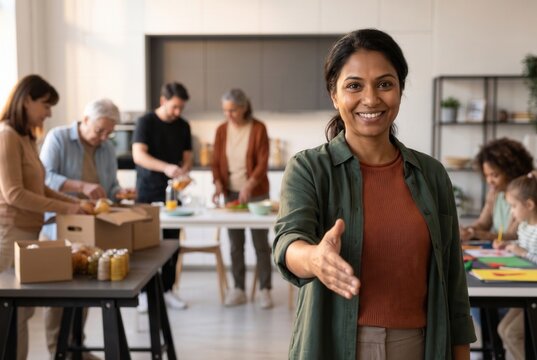 Smiling woman extending hand for greeting, engaging in charity work with diverse volunteers