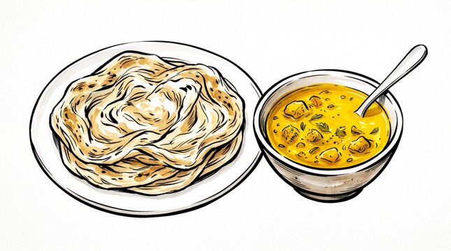 Sketch illustration of roti canai and curry in a bowl