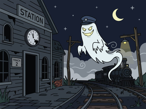 A spooky ghost in a conductor's hat hovers over a train station at night with a crescent moon in the sky.