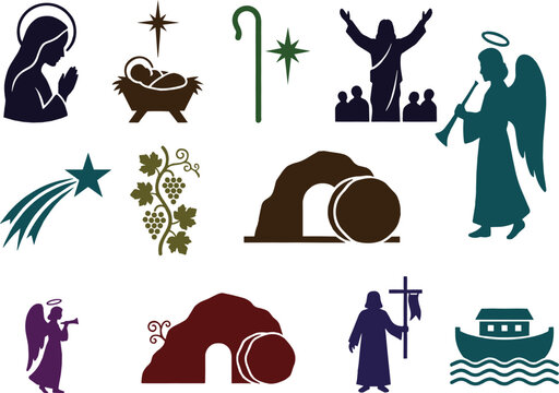 Collection of twelve religious icons featuring biblical scenes including the nativity, an angel, a tomb, a shepherd staff, and noah's ark