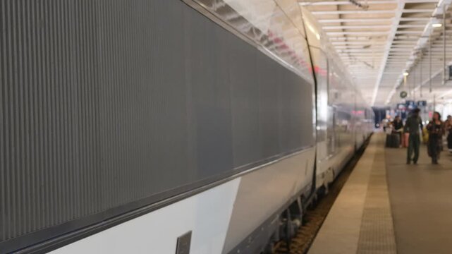 Wide view of a train at the platform with passengers and luggage nearby, Cannes, France