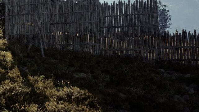 A wooden fence made of pointed logs stands in a grassy area. In the background, trees and mountains are visible under clear skies. It is daytime and the sunlight casts shadows.