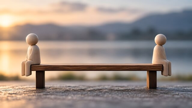 Two Wooden Figures Sitting Apart on Bench Facing Opposite Directions Representing Relationship Conflict and Silence