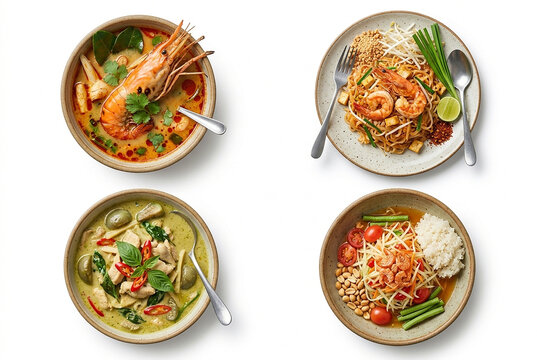 Set of four famous authentic Thai signature dishes with tom yum, pad thai, green curry and som tum