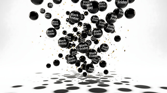 Floating glossy black balls with the words &ldquo;Black Friday,&rdquo; isolated against a white background, 3D rendering. AI generated.