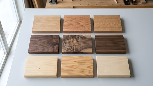 Collection of nine square wood samples in varying grains and colors arranged in a 3x3 grid on a clean white surface