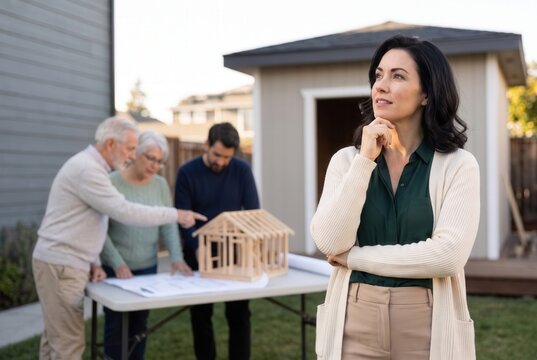Family members discussing blueprints and a house model, planning future real estate investment