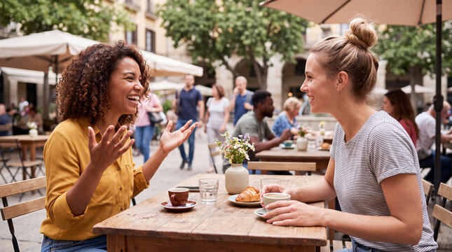 Two women enjoying coffee and pastries at an outdoor cafe table in a lively urban setting with people and greenery in the background